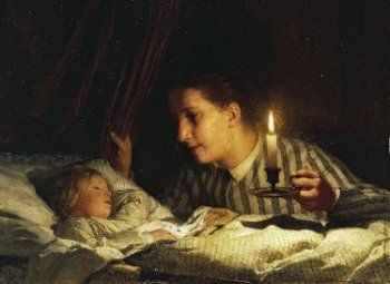 obraz Alberta Ankera: Młoda matka ze świecą czuwająca przy łóżku dziecka, zdjęcie z Wikipedii